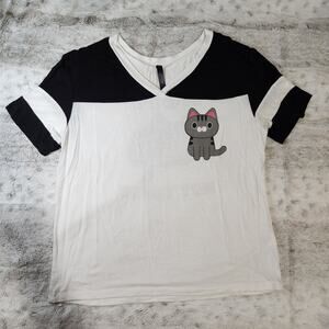 Electric Pink Black and White Graphic V Neck Cute Kitty Nope Not Today Top - M